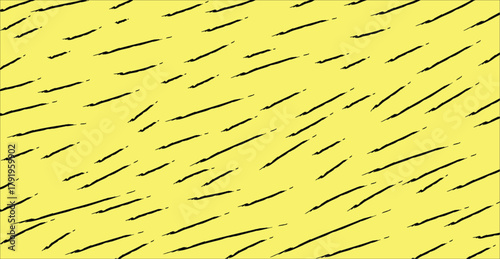 a seamless, abstract pattern featuring short, black, hand-drawn dash strokes against a solid yellow background. similar to leopard or tiger fur motif