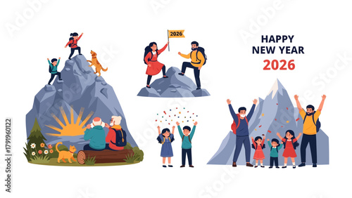 New Year Mountain Peak: Happy New Year 2026. A collection of illustrations depicting people reaching mountain peaks, celebrating, and enjoying the dawn of a new year.