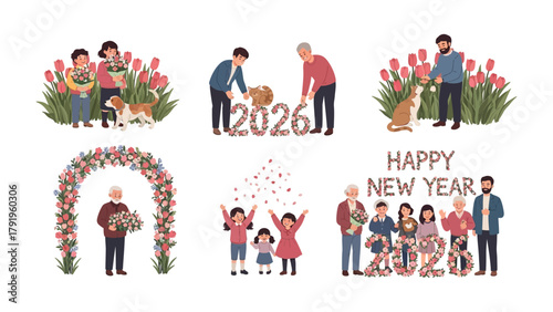 New Year Celebration Illustration: A delightful illustration, set against a pristine canvas, depicts diverse scenes of familial joy and unity.