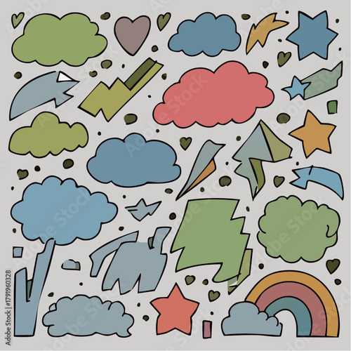 Playful hand-drawn pattern with clouds, stars, lightning, and hearts, ideal for children's designs.