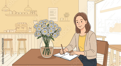 Illustrative woman sketching next to daisies at a cafe with warm tones