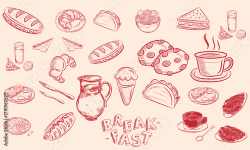 Hand drawn breakfast doodles set. Vector illustration of food and coffee icons in chalk, crayon drawing style for invitations, menus, parties. Minimalist line art. La dolce vita italian style