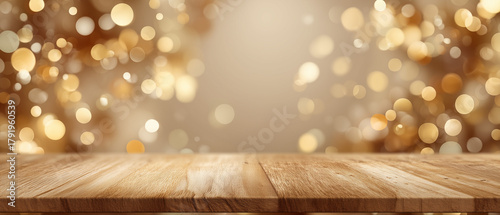 Warm golden bokeh lights and wooden table surface for product display 62