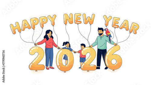 Happy New Year Celebration: A family stands holding '2026' shaped balloons as they celebrate a new year with balloons. Showing the start of a year full of happiness, goals and aspirations.