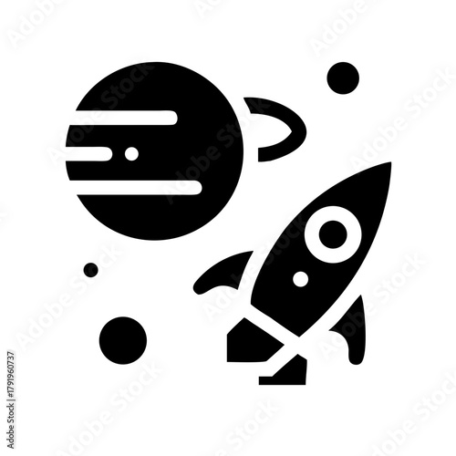 Rocket flying in space, exploring the galaxy with a planet and stars