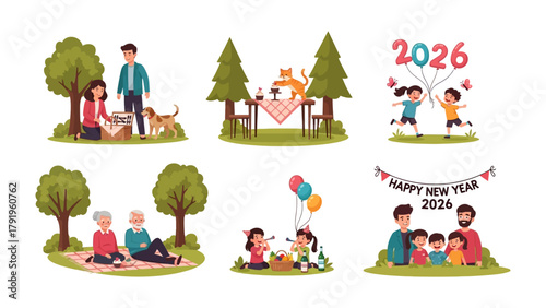 Family Moments: A collection of illustrations depicting families enjoying picnics, New Year celebrations, and joyful moments together, embodying the spirit of togetherness, love.