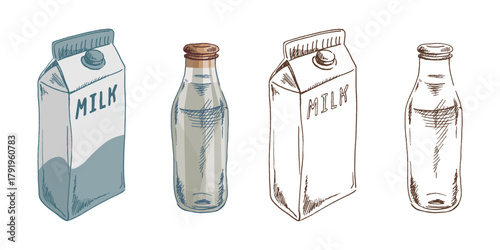 Hand drawn vintage sketch of milk carton and glass bottle in pastel blue color, isolated vector illustration