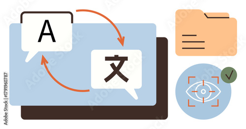 Two speech bubbles with arrows representing translation between languages, a file folder symbolizing documentation, and an eye icon for accessibility. Ideal for communication, education, global