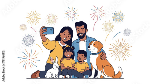 Family Selfie under the Fireworks: Capturing a joyful family moment with their beloved pets.