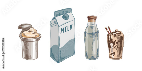 Hand drawn vintage sketch of milk carton, glass bottle, yogurt cup and chocolate milkshake in pastel color style