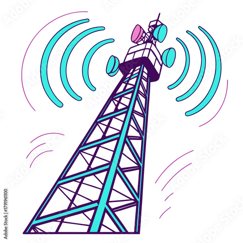 Communication tower emitting radio waves, representing wireless technology, signal transmission, and telecommunications infrastructure for broadcasting and network connectivity
