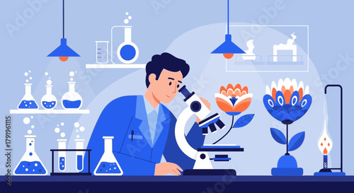 Scientist researches flower samples, using a microscope in the laboratory