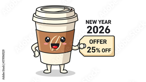 Coffee Deal: Animated coffee cup character cheerfully offers a New Year promotion with a 25% discount, perfect for celebrating the upcoming year.