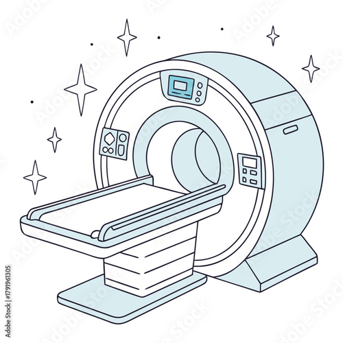 Illustration of a modern mri scanner, a sophisticated medical imaging device used for diagnostic purposes with stars around it, in vector format