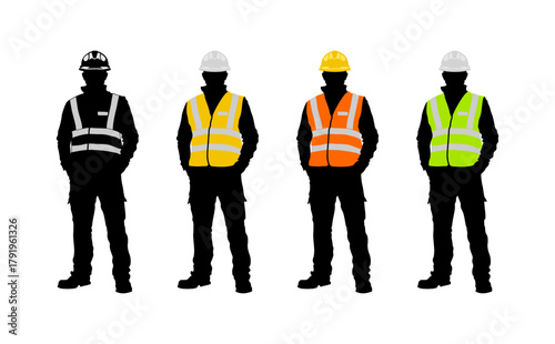 Set black silhouettes of construction workers in colored safety vests with reflective stripes and helmets, including orange, yellow, lime green, and black and white version, without  background