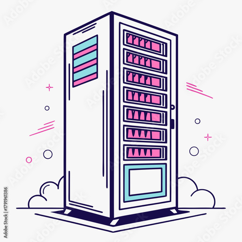 Illustration of a vending machine with a retro aesthetic, the design features pastel colors and geometric patterns, evoking a sense of nostalgia and fun