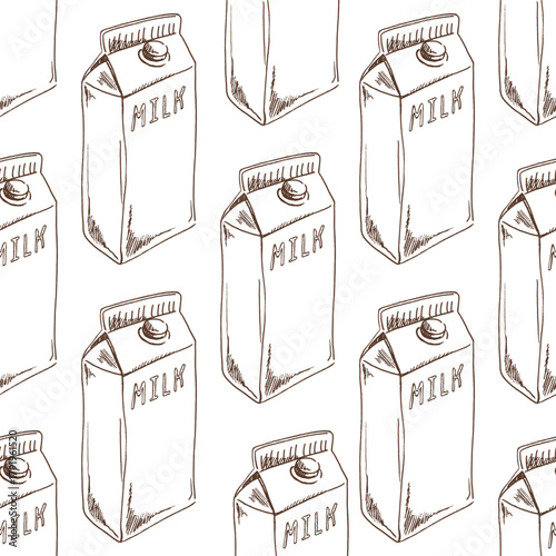 Hand drawn vintage seamless pattern of milk carton boxes in monochrome brown line art retro dairy packaging illustration