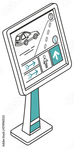 Isometric illustration of a selfdriving car information kiosk with a car on the screen, showcasing modern technology and convenience