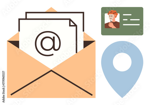 Open envelope with a mail icon, ID card featuring a photo, and a blue location pin. Ideal for communication, networking, contact sharing, correspondence, outreach, geolocation simple flat metaphor
