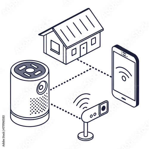 Isometric illustration of a smart home system with a speaker, security camera, smartphone, and house all connected wirelessly modern technology concept design