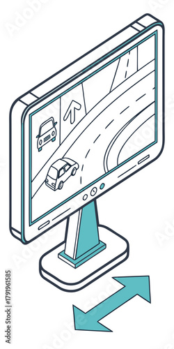 Isometric illustration of a selfdriving car monitor with a car on the screen, showcasing modern technology and convenience