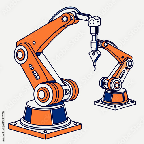 Vector illustration of two robotic arms the arms are designed for industrial automation, featuring multiple joints and a tool for precise manipulation