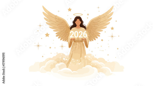 A Heavenly Vision: An angelic figure with golden wings floats amidst the clouds, holding aloft a beacon of the future - the year 2026. The serene image evokes a sense of hope and anticipation.