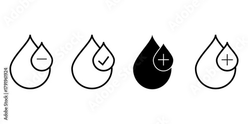Set of Four Blood Drop Icons Add Subtract Checkmark and Solid Variants for Medical UI Design
