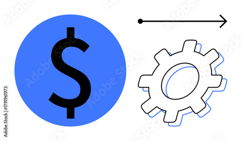 Blue dollar sign, gear, and arrow emphasize finance, business growth, productivity, and operational efficiency. Ideal for technology, income, process optimization strategy teamwork leadership