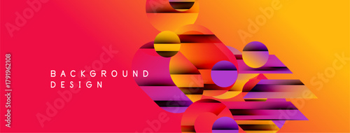 Abstract vibrant design. Overlapping circles, rectangles create dynamic gradient effect. Red, orange, yellow, purple hues dominate composition.