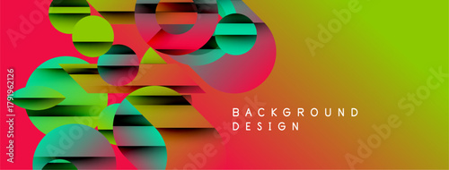 Abstract geometric shapes overlap, creating vibrant color gradients. Dynamic composition suggests movement, modern design aesthetic.