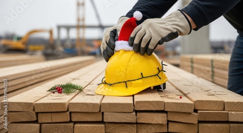 Construction worker's gloved hands decorating a yellow hard hat with a Santa hat and string lights on wooden planks at a building site, celebrating Christmas holiday spirit.