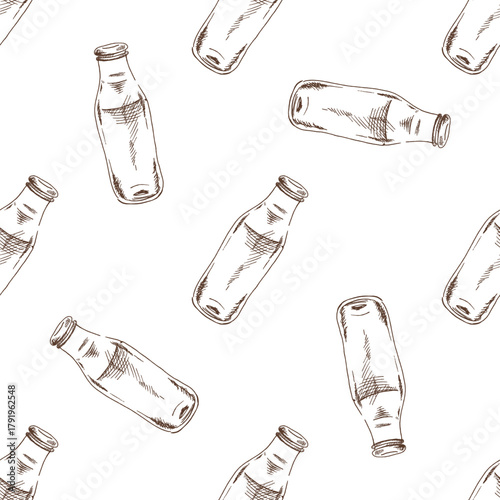 Hand drawn vintage seamless pattern of monochrome glass milk bottle outline with rustic sketch style illustration
