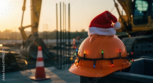 Festive orange hard hat adorned with a Santa hat and colorful Christmas lights on a construction site during golden hour.