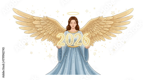 Angel of 2026: An angelic figure, adorned with majestic wings, presents the year 2026 with a sense of hope and celestial promise.