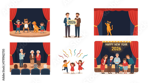 Theatrical Year: A set of six illustration showcasing performances and celebrations in a theater environment. This collection features stages, actors, and audiences.