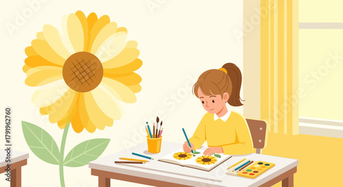 Girl crafting sunflower art at home, expressing creativity with vibrant colors