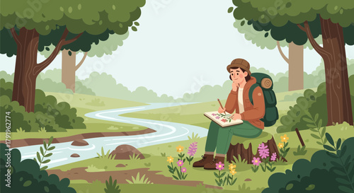 Illustration of woman drawing nature landscape, expressing creative nature in forest