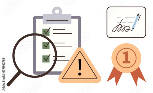 Checklist with checkmarks, magnifying glass, warning icon, certificate, and badge. Ideal for quality, compliance, auditing certification risk management validation workplace standards. Simple