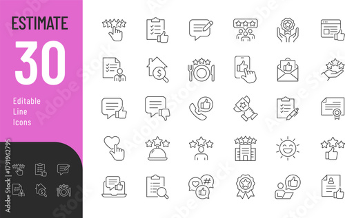 Estimate Line Editable Icons set. Vector illustration in modern thin style of review related icons: questionnaire, ranking, customer satisfaction, and more. Isolated on transparent background.
