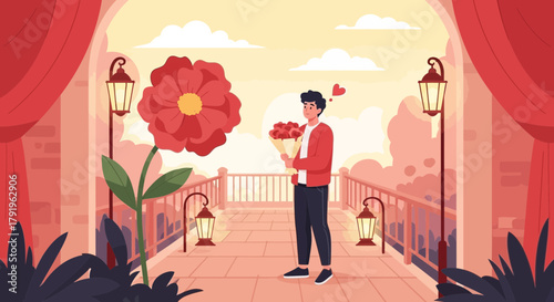 Romantic illustration featuring a man with flowers and an oversized bloom