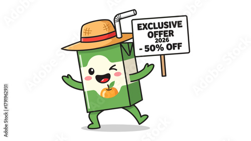Animated Juice Box Promo: A cheerful cartoon juice box with a straw and a sunhat joyfully presents an 'Exclusive Offer' sign, highlighting a tempting discount, perfect for summer promotions.