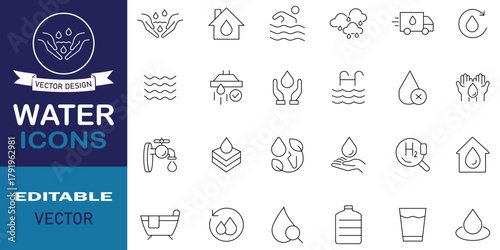 Water editable outline icon set symbol collection. Set of 24 icons related to glass of water, shower, drinking water, drink, water drop, drop, rain, purification, droplets, hydration and more symbol.