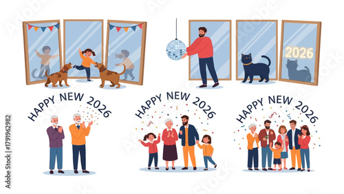 New Year's Celebrations & Reflections: A collage of illustrations depicts the joy and anticipation of welcoming the year 2026, through festive gatherings, mirrored reflections, and cherished moments.