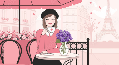 Enchanting Parisian scene with a girl enjoying coffee near iconic monuments