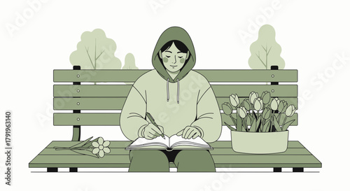Woman in hoodie journaling on park bench amidst serene nature and floral beauty