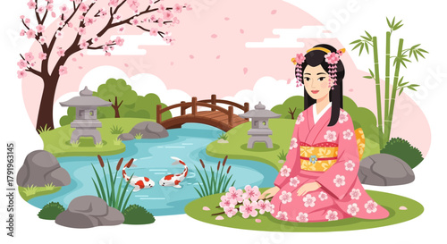 Serene Japanese Garden with Kimono Woman and Blooming Sakura Trees Landscape