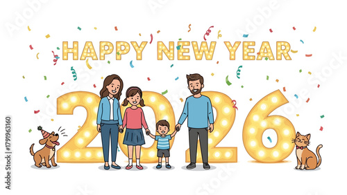 New Year Family Celebration: Illustration of a happy family and their pets gathered together in front of illuminated numbers marking the New Year, creating a sense of joy and anticipation.