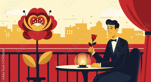 Romantic evening illustration with a gentleman offering a rose on a balcony