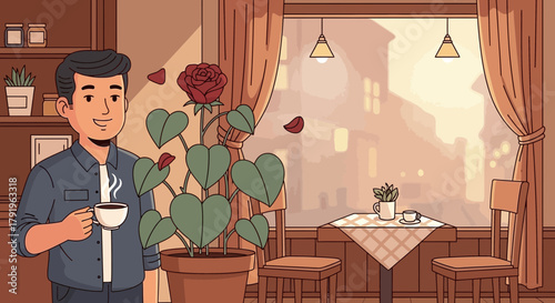 Cozy morning scene with a man enjoying coffee next to a blooming rose plant